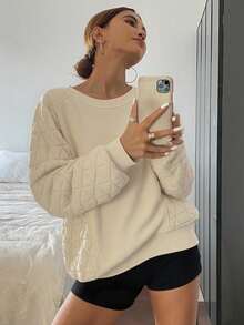 Livesso Women's Round Neck Raglan Sleeve Long Sleeve Patchwork Sweatshirt, Suitable For Autumn/Winter,Fall Women Clothes - Beige - View 4