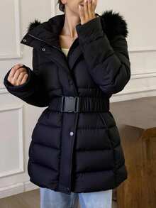 Livesso Women's Hooded Cotton Padded Coat With Fur Collar, Waist Cinched Winter Jacket - Black - View 2