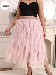 Plus Size Elegant Solid Color Asymmetrical Ruffle & Mesh Layered Skirt - Dusty Pink - View 1