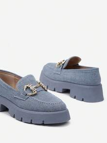 Chunky Platform Loafers With Chain Detail, Women's Casual Spring/Fall Shoes - Navy Blue - View 6