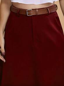 Long Monochromatic Tailored Skirt With Black Belt/Button Details/Casual/Took/Everyday/Summer/Elegant/Casual/Stylish/Collection 2024 - 酒紅色 - 查看 4