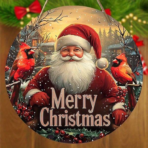 Christmas Cardinal Acrylic Wreath Sign, Hanging Santa Claus Holiday Decoration, Festive Front Door Wall Decor With Seasonal Greetings, Durable Wood Material With Traditional Design For Yuletide Cheer.