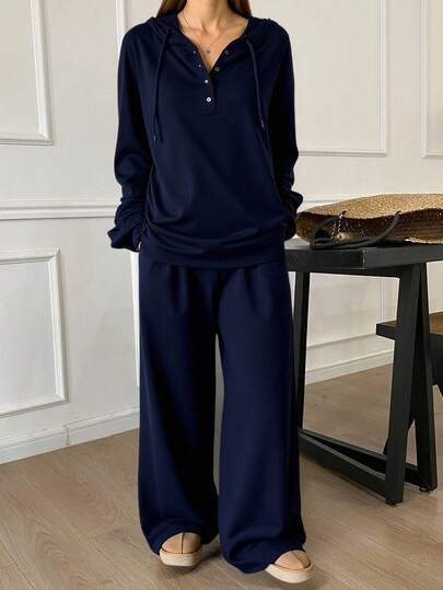 Livesso 女士休闲纯色长袖上衣和裤子两件套，秋冬家居服套装