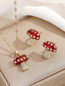 طقم مجوهرات من قلادة وأقراط بتعليقة فطر من الفولاذ المقاوم للصدأ للنساء، طقم قلادة وأقراط فاخر متعدد الاستخدامات مرصع بالراين، مناسب للحياة اليومية/عيد الميلاد/الحفلات/هدايا المناسبات/هدايا رأس السنة/هدايا للنساء