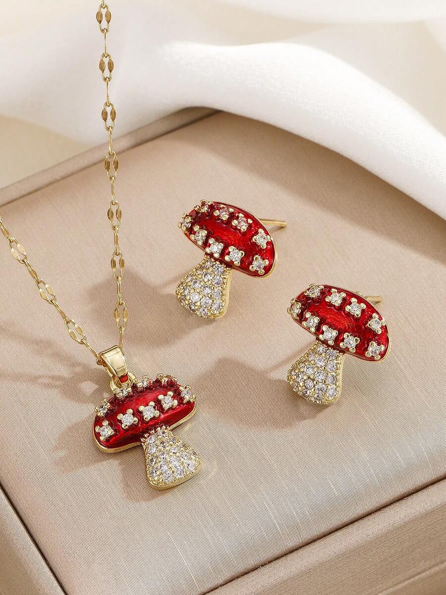 طقم مجوهرات من قلادة وأقراط بتعليقة فطر من الفولاذ المقاوم للصدأ للنساء، طقم قلادة وأقراط فاخر متعدد الاستخدامات مرصع بالراين، مناسب للحياة اليومية/عيد الميلاد/الحفلات/هدايا المناسبات/هدايا رأس السنة/هدايا للنساء