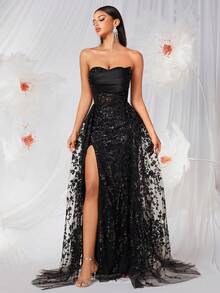 Elisanya Robe dos nu avec col ras-du-cou, broderie perlée, fente haute et détails de liens, convient pour les fêtes, les banquets et les occasions formelles