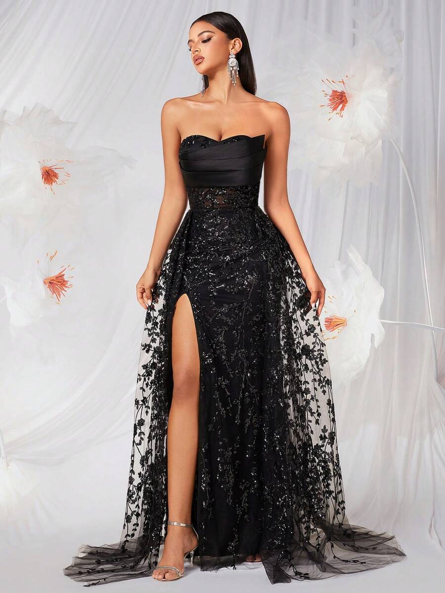 Elisanya Robe dos nu avec col ras-du-cou, broderie perlée, fente haute et détails de liens, convient pour les fêtes, les banquets et les occasions formelles