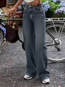 Livesso Jeans amples en denim casual avec poches et paillettes pour femmes - Jean brut - Voir 1