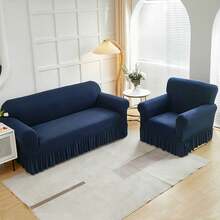 1PC Elastic Skirt Sofa Cover Universal Four Seasons Anti-Dirty And Non-Slip Solid Color Sofa Cover Suitable For 1/2/3/4 Seat Home/Living Room Decoration All-Inclusive Sofa Protective Cover Valentine's Day Gifts Valentine's Day Decorations - 藏青 - 查看 4