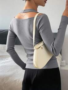 Livesso Sequin Decor Hollow Out Fitted Halter Neck Long Sleeve Elegant Sexy Women Knit Sweater, Autumn/Winter - Grey - View 2