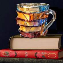 1pc Painted Book Mug, Unique 3D Painted Book Coffee Cup, Colorful Glass Book Stack Coffee Mug, Gift For Readers, Librarians, Literature Lovers - Multicolor - View 4