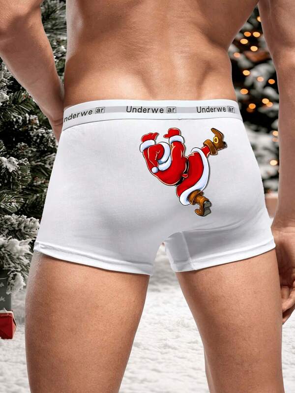 Christmas Men's White Print Boxer Briefs With Santa Claus Graphic, Elastic Holiday Underwear