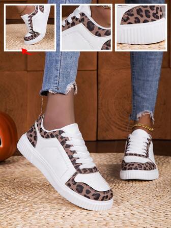 Dammode Leopardmönstrade Casual Sneakers, Högelastiska Mjuka Casual Sportiga Chic Preppy Fest Sexiga Atletiska PU-läder Patchwork Snörsneakers För Utomhus, Kontor, Fest, Semester, Gym, Alla Årstider