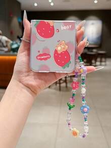 1 pieza Funda de teléfono plegable de material PC con elemento de oso de fresa simple y elegante, emparejada con una pulsera del mismo color, puede proteger y evitar caídas: Galaxy Z Flip 3/Z Flip 4/Z Flip 5/Z Flip 6/Z /OPPO Find N3 Flip/Razr 50 Ultra/Razr 60 Ultra/Larazar 60/Razr 50/ MIX Flip/Galaxy Z Flip7 FE