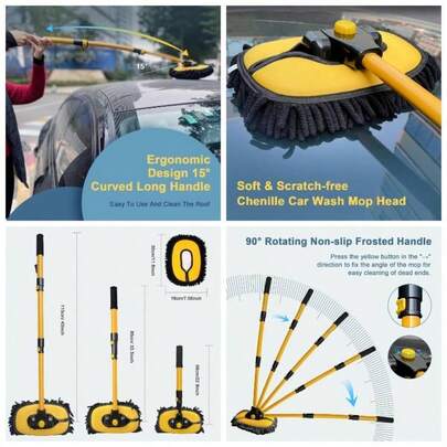 110CM Car Wash Brush With Long Handle, Microfiber Car Wash Mop With 2 Replaceable Brush, Soft Cleaning Brush With 15 Curved Extension Pole Car Wash Ki