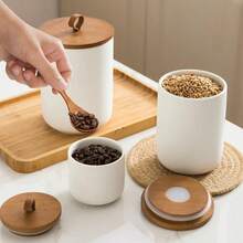 3-Piece Ceramic Kitchen Canister Set With Wooden Lids, Airtight Food Storage Containers For Countertop Organization, Pantry Jar For Coffee, Flour, Sugar, Cereal, Spices