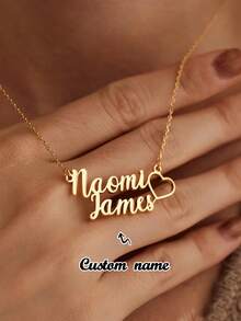 1 pieza Collar con colgante de corazón personalizado con dos nombres, collar con placa con baño de oro de 18K, collar para parejas, collar para madre, regalo de cumpleaños para ella - Dorado - Ver 9