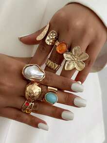 7pcs Vintage European & American Style Luxury Fashion Gemstone Inlaid Rings, Asymmetrical Thick Metal Golden Rings Set, Women Daily Party & Banquet Decorative Jewelry Set - Vàng - Xem 4