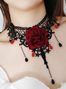 Naszyjnik choker w stylu gotyckiej lolity z motywem róży, odpowiedni na Halloween, wesela i do noszenia na co dzień