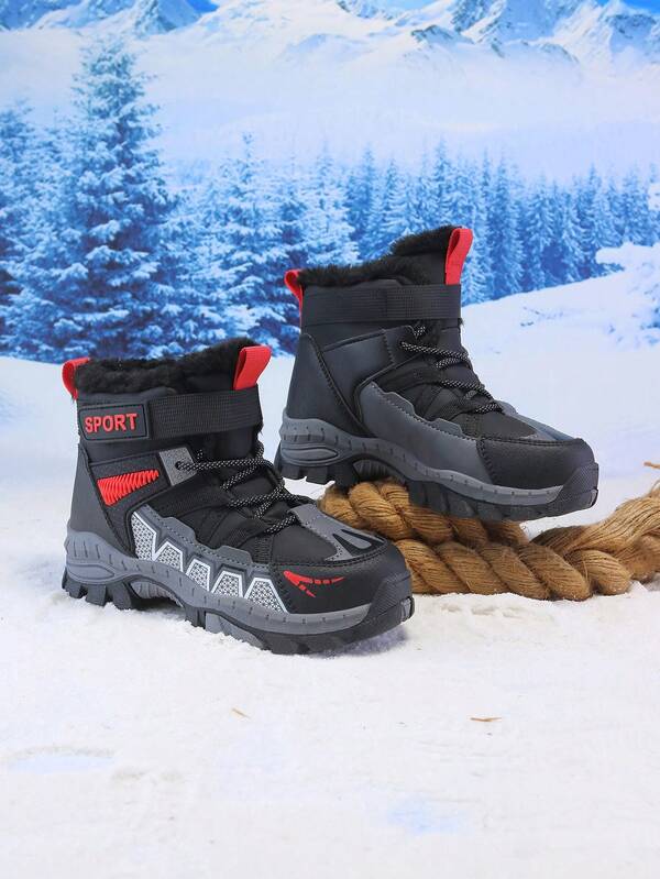 Winter New Kids Snow Boots, Boys High-Top Warm Plush Lined Outdoor Camouflage Anti-Slip Snow Sports Shoes