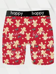 Men's Funny Gingerbread Print Shorts, Made Of Polyester Stretch Fabric, Soft And Skin-Friendly, Quick-Drying And Breathable, Perfect Christmas Gift. Paired With Letter Jacquard Waistband, These Playful And Cute Men's Long Boxer Briefs Are Ideal For Home And Casual Wear. - Red - View 4