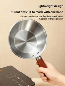 1/2pcs Stainless Steel Mini Pot With Walnut Anti-Scald Handle Pot And Spoon, Compatible With Induction Cooktop, Suitable For Instant Noodles, Salad, Rice, Household, Single Person, Kitchen Essential, Durable Cookware