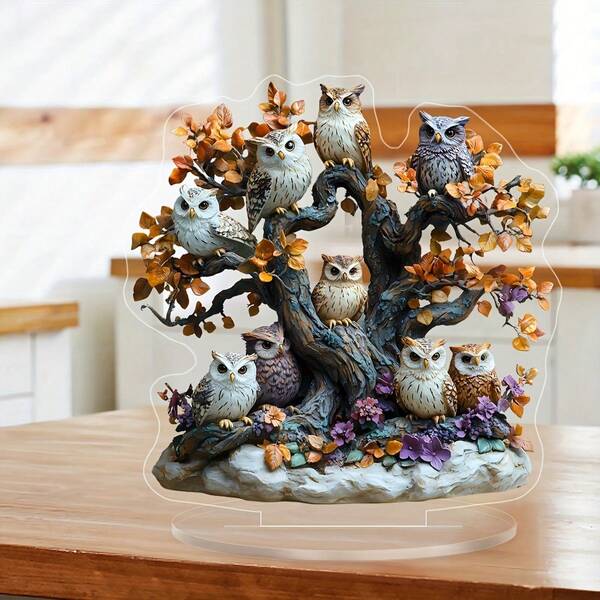 Christmas Classic Acrylic Owl Tree Statue With Stand - 1 Piece Bohemian Style Cute Owl Sun Catcher For Desktop Decor, Multi-Purpose Home Gift Sign, Ideal For Home & Office, Animal Theme, Clip-On, No Electricity Or Batteries Needed, Perfect For Weddings, Birthdays, Retirements, Christmas, Easter, New Year Celebrations