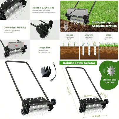 18Inch Push Lawn Aerator With 4 WheelsPush Spike Aerator Heavy Duty Rolling Manual Yard Aerator Lawn Tool With 45inch Handle Suitable For Lawn Garden Yard Grass Maintenance