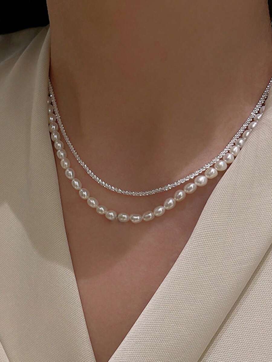 Bộ 2 dây chuyền ngọc trai lấp lánh dành cho nữ (Số lượng ngọc trai ngẫu nhiên) - trắng - Xem 1