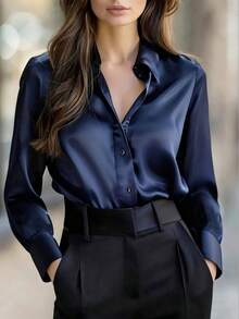 Women's Elegant Long Sleeve Polyester Blouse, Classic Collar, Front Button Decor