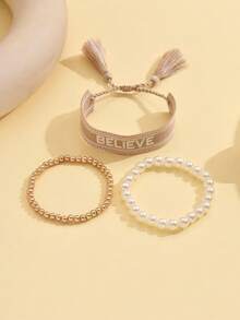 3pcs/Set Constellation Tassel Faux Pearl Beaded Bracelets, Suitable For Daily Wear - Khaki - View 2
