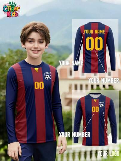 Kinder Langarm V-Ausschnitt Barcelona Fußball Yamal Trikot - Personalisierter Name, Nummer & Logo Druck, rot-blaues gestreiftes Design - Bequeme, schnelltrocknende Sportbekleidung für Jugendtraining, Spiele & Teamuniformen - Ideales Geschenk für junge Fußballfans, Premium anpassbares Fußballzubehör, Geschenke zu Halloween, Thanksgiving, Weihnachten und Neujahr
