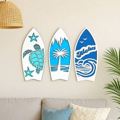 Wood's House Kit 3 Pranchas Decorativas Praianas em MDF e Relevo 3D para Sala Quarto Escritório Mar