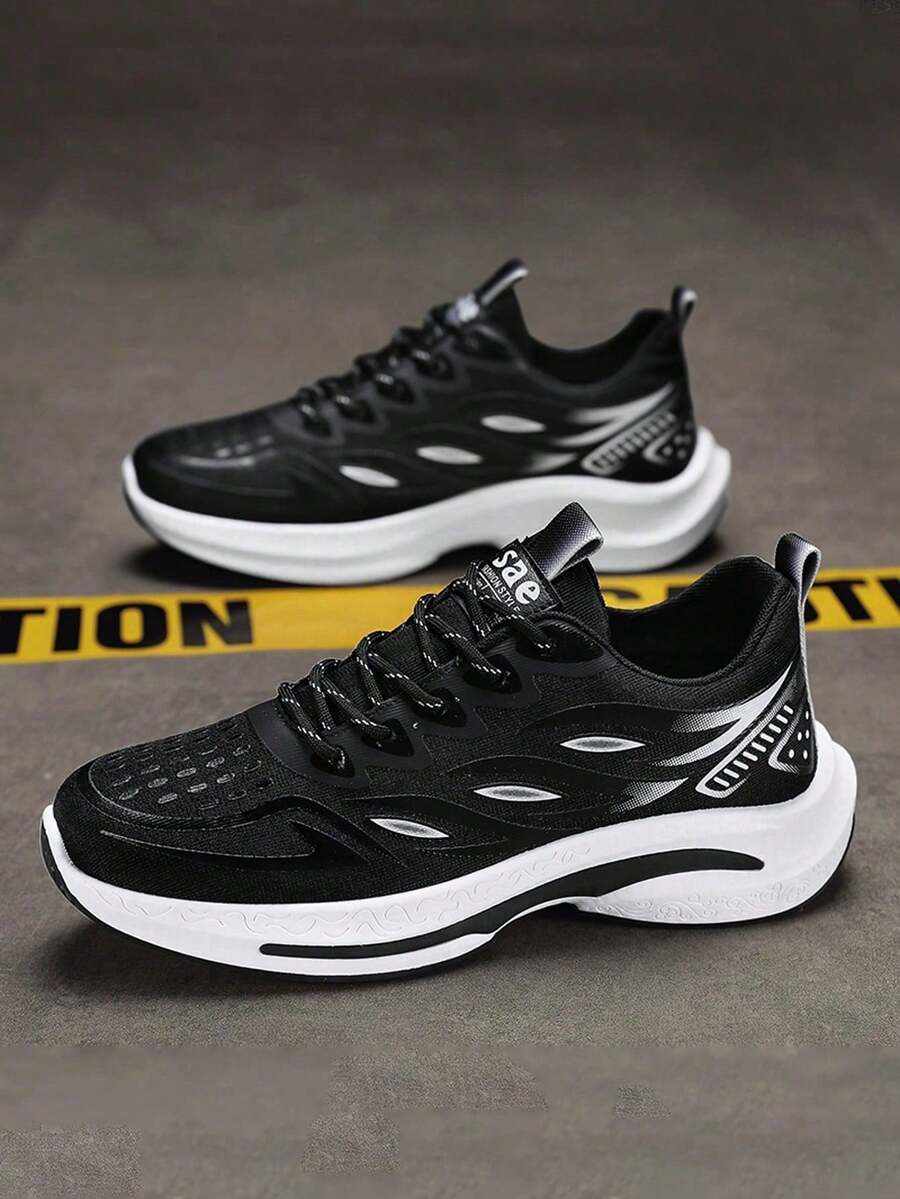 男士运动鞋，透气减震弹性防滑休闲鞋，户外系带网面跑步鞋，轻便舒适，适合户外运动、露营、慢跑、健身、休闲活动。男女通用运动鞋，情侣款。 - 黑色 - 查看 1