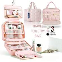 Travel Toiletry Bag & Makeup Bag With Jewelry Storage , Portable Hanging Organizer For Full-Sized Shampoo, Conditioner, Brushes Set, Makeup Accessories,Travel Essential,Large Size - 淺粉色 - 查看 1