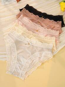 4pcs Women's Underwear, 2025 New Breathable Soft Cotton Panties, Solid Color Mid-Rise Ladies Briefs, Lace Patchwork Sexy Smooth Sports Underwear, Simple Women's Lingerie