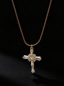 Cubic Zirconia Cross Pendant Necklace For Men 18K Gold Plated Stainless Steel Necklaces Vintage Goth Cross Charm Round Chain Beads Chain Lip Chain Jewelry Daily Wear Christmas Gifts
