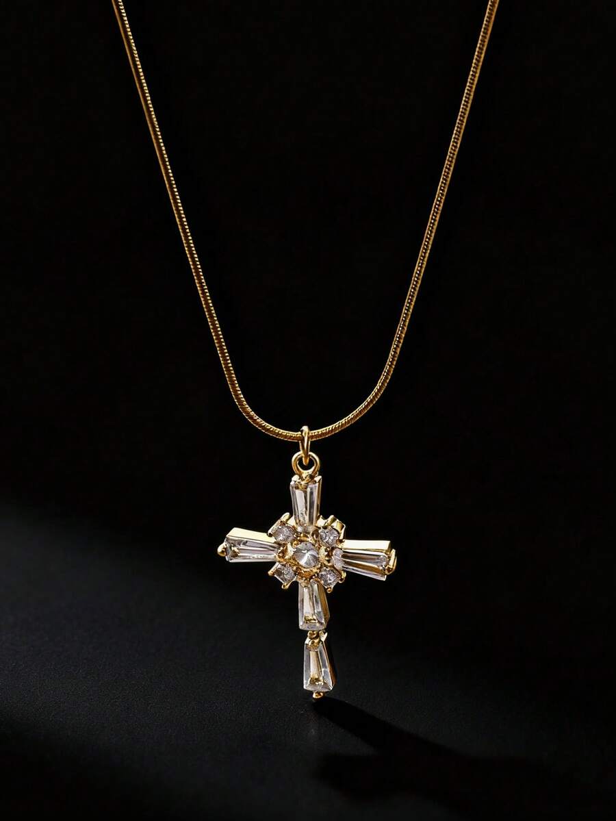 Cubic Zirconia Cross Pendant Necklace For Men 18K Gold Plated Stainless Steel Necklaces Vintage Goth Cross Charm Round Chain Beads Chain Lip Chain Jewelry Daily Wear Christmas Gifts