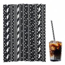 [100 Pack] Mixed Black Patterned Paper Straw, Disposable Straw, Suitable For Birthdays, Coffee, Cocktails, Lemonade, Beverages, Bars, Restaurants, DIY Decoration, Party Supplies, Weddings, New Year's, Bride/Baby Baptism, Halloween, Christmas Decoration