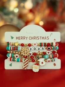 5pcs/Set Cute & Elegant Snowflake, Santa Claus, Reindeer CCB Soft Clay Fashion Bracelet Set, Vintage Chic Daily, Halloween Party, Versatile Jewelry Bracelet Gift For Women
