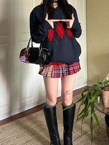 女士经典菱形针织毛衣、红蓝格子上衣，适合冬季穿着 - 藏蓝色 - 查看 3