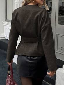 女士纯色落肩长袖交叉裹身金属扣腰针织外套 春季 - 咖啡棕 - 查看 7