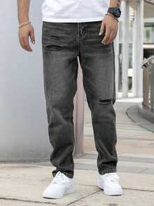 Jeans casuales desgastados de corte entallado para hombres - Gris - Ver 4