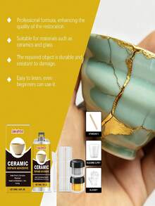 Keramik-Reparatur-Set - Goldklebstoff für tiefe Verklebung, stellt gerissenes Porzellan, Glas, künstlerische Textur wieder her. Geeignet zum Reparieren von wertvollen Keramikobjekten wie Teetassen, Vasen, verwandelt beschädigte Bereiche in künstlerische Elemente, verleiht dem Artikel eine neue Ästhetik. Verbindet schnell zerbrochene Keramik, starke Haftung nach dem Aushärten, wasserfest, schimmelresistent, hitze- und kältebeständig.