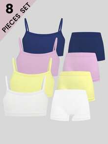 8pcs Girls Casual Solid Color Minimalist Camisole & Boyshort Underwear Set, Seamless Soft & Comfortable, Suitable For Teenage Students Daily Sportswear