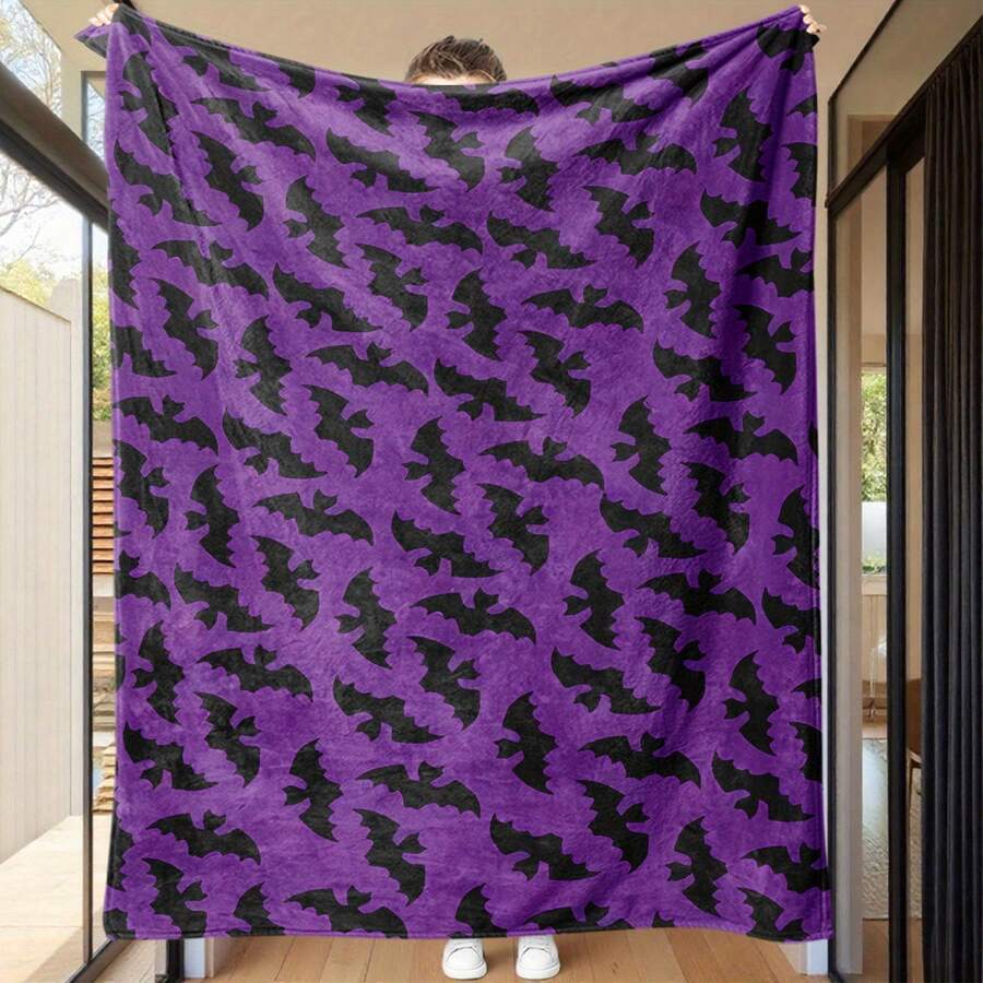 1 Stück gemütliche Fledermaus-Muster Decke - Weiche Plüsch Ganzjahres-Wurfdecke mit lebendigem lila & schwarzem Fledermausdesign, strapazierfähig & pflegeleicht für Bett, Sofa und Wohnkultur, perfekt für Halloween oder gotische Themenräume, Halloween-Dekorationen