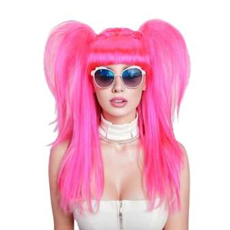 Peluca sintética larga y recta con doble coleta de color rosa rojo para mujeres, disfraz, fiesta y regalo