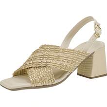 LAZZLU SHOES Women's Sandal With Thick Medium Block Heel And Comfortable Raffia - Màu be - Xem 4