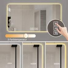 Badspiegel-mit-Beleuchtung 120x60cm, Dimmbar, 3 Farbtemperaturen 3000K-6000K, Badezimmerspiegel mit Entfoggen, Speicherfunktion, LED-Spiegel-Bad, HD Hartglas, Horizontal/Vertikal