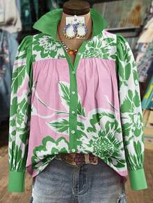 Women's Long Sleeve Button Down Blouse With Bold Floral Print, Color Block Pink And Green Casual Shirt, Fashion Loose Fit Top For Christmas, Halloween, Parties, Travel, And Everyday Wear, Chic Holiday Spring Autumn Ladies Clothing - 綠色 - 查看 3